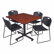48 IN. SQUARE X-BASE BREAKROOM TABLE- CHERRY, 4 STACK CHAIRS- BLACK <FONT COLOR=GREEN>-FREE SHIPPING-</FONT>