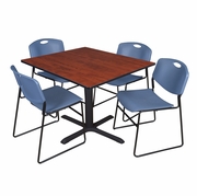 48 IN. SQUARE X-BASE BREAKROOM TABLE- CHERRY & 4 STACK CHAIRS- BLUE <FONT COLOR=GREEN>-FREE SHIPPING-</FONT>