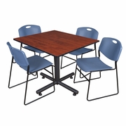 48 IN. SQUARE X-BASE BREAKROOM TABLE- CHERRY, 4 STACK CHAIRS- BLUE <FONT COLOR=GREEN>-FREE SHIPPING-</FONT>