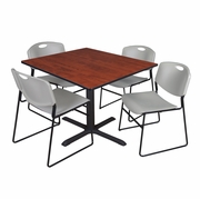 48 IN. SQUARE X-BASE BREAKROOM TABLE- CHERRY & 4 STACK CHAIRS- GREY <FONT COLOR=GREEN>-FREE SHIPPING-</FONT>