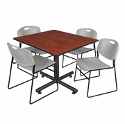 48 IN. SQUARE X-BASE BREAKROOM TABLE- CHERRY, 4 STACK CHAIRS- GREY <FONT COLOR=GREEN>-FREE SHIPPING-</FONT>