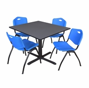 48 IN. SQUARE X-BASE BREAKROOM TABLE- GREY & 4 M STACK CHAIRS- BLUE <FONT COLOR=GREEN>-FREE SHIPPING-</FONT>