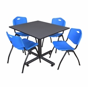 48 IN. SQUARE X-BASE BREAKROOM TABLE- GREY, 4 M STACK CHAIRS- BLUE <FONT COLOR=GREEN>-FREE SHIPPING-</FONT>