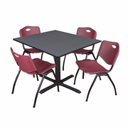 48 IN. SQUARE X-BASE BREAKROOM TABLE- GREY & 4 M STACK CHAIRS- BURGUNDY <FONT COLOR=GREEN>-FREE SHIPPING-</FONT>
