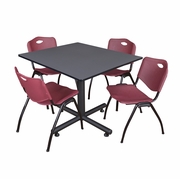 48 IN. SQUARE X-BASE BREAKROOM TABLE- GREY, 4 M STACK CHAIRS- BURGUNDY <FONT COLOR=GREEN>-FREE SHIPPING-</FONT>