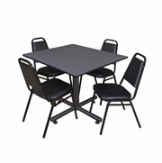 48 IN. SQUARE X-BASE BREAKROOM TABLE- GREY, 4 RESTAURANT STACK CHAIRS- BLACK <FONT COLOR=GREEN>-FREE SHIPPING-</FONT>