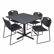 48 IN. SQUARE X-BASE BREAKROOM TABLE- GREY & 4 STACK CHAIRS- BLACK <FONT COLOR=GREEN>-FREE SHIPPING-</FONT>