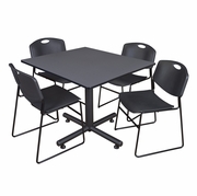 48 IN. SQUARE X-BASE BREAKROOM TABLE- GREY, 4 STACK CHAIRS- BLACK <FONT COLOR=GREEN>-FREE SHIPPING-</FONT>