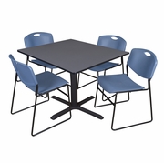 48 IN. SQUARE X-BASE BREAKROOM TABLE- GREY & 4 STACK CHAIRS- BLUE <FONT COLOR=GREEN>-FREE SHIPPING-</FONT>
