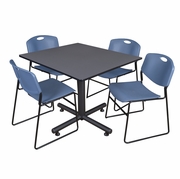 48 IN. SQUARE X-BASE BREAKROOM TABLE- GREY, 4 STACK CHAIRS- BLUE <FONT COLOR=GREEN>-FREE SHIPPING-</FONT>
