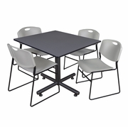 48 IN. SQUARE X-BASE BREAKROOM TABLE- GREY, 4 STACK CHAIRS- GREY <FONT COLOR=GREEN>-FREE SHIPPING-</FONT>