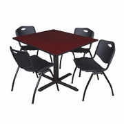 48 IN. SQUARE X-BASE BREAKROOM TABLE- MAHOGANY & 4 M STACK CHAIRS- BLACK <FONT COLOR=GREEN>-FREE SHIPPING-</FONT>