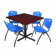 48 IN. SQUARE X-BASE BREAKROOM TABLE- MAHOGANY & 4 M STACK CHAIRS- BLUE <FONT COLOR=GREEN>-FREE SHIPPING-</FONT>