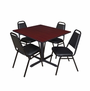 48 IN. SQUARE X-BASE BREAKROOM TABLE- MAHOGANY & 4 RESTAURANT STACK CHAIRS- BLACK <FONT COLOR=GREEN>-FREE SHIPPING-</FONT>