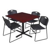 48 IN. SQUARE X-BASE BREAKROOM TABLE- MAHOGANY & 4 STACK CHAIRS- BLACK <FONT COLOR=GREEN>-FREE SHIPPING-</FONT>