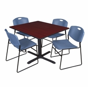 48 IN. SQUARE X-BASE BREAKROOM TABLE- MAHOGANY & 4 STACK CHAIRS- BLUE <FONT COLOR=GREEN>-FREE SHIPPING-</FONT>