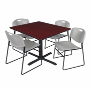 48 IN. SQUARE X-BASE BREAKROOM TABLE- MAHOGANY & 4 STACK CHAIRS- GREY <FONT COLOR=GREEN>-FREE SHIPPING-</FONT>