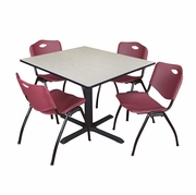 48 IN. SQUARE X-BASE BREAKROOM TABLE- MAPLE & 4 M STACK CHAIRS- BURGUNDY <FONT COLOR=GREEN>-FREE SHIPPING-</FONT>