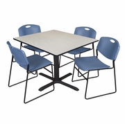 48 IN. SQUARE X-BASE BREAKROOM TABLE- MAPLE & 4 STACK CHAIRS- BLUE <FONT COLOR=GREEN>-FREE SHIPPING-</FONT>