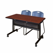 48 X 24 IN. FLIP-TOP PRIVACY NESTING TABLE- CHERRY, 2 STACK CHAIRS- BLUE <FONT COLOR=GREEN>-FREE SHIPPING-</FONT>