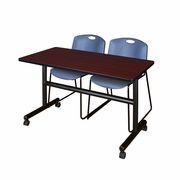 48 X 24 IN. FLIP-TOP TRAINING NESTING TABLE- MAHOGANY, 2 STACK CHAIRS- BLUE <FONT COLOR=GREEN>-FREE SHIPPING-</FONT>