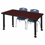 48 X 24 IN. MOBILE ADJUSTABLE CLASSROOM TABLE- MAHOGANY & 2 ANDY 12 IN. STACK CHAIRS- BLUE <FONT COLOR=GREEN>-FREE SHIPPING-</FONT>