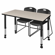 48 X 24 IN. MOBILE ADJUSTABLE CLASSROOM TABLE- MAPLE & 2 STACK CHAIRS- BLACK <FONT COLOR=GREEN>-FREE SHIPPING-</FONT>