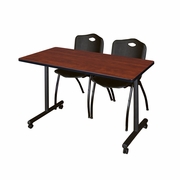 48 X 24 IN. MOBILE T-BASE TRAINING TABLE- CHERRY, 2 M STACK CHAIRS- BLACK <FONT COLOR=GREEN>-FREE SHIPPING-</FONT>