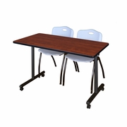 48 X 24 IN. MOBILE T-BASE TRAINING TABLE- CHERRY, 2 M STACK CHAIRS- GREY <FONT COLOR=GREEN>-FREE SHIPPING-</FONT>