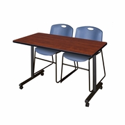 48 X 24 IN. MOBILE T-BASE TRAINING TABLE- CHERRY, 2 STACK CHAIRS- BLUE <FONT COLOR=GREEN>-FREE SHIPPING-</FONT>