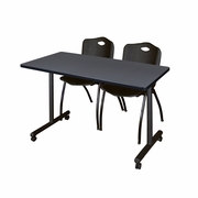 48 X 24 IN. MOBILE T-BASE TRAINING TABLE- GREY, 2 M STACK CHAIRS- BLACK <FONT COLOR=GREEN>-FREE SHIPPING-</FONT>