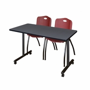48 X 24 IN. MOBILE T-BASE TRAINING TABLE- GREY, 2 M STACK CHAIRS- BURGUNDY <FONT COLOR=GREEN>-FREE SHIPPING-</FONT>