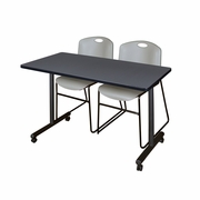 48 X 24 IN. MOBILE T-BASE TRAINING TABLE- GREY, 2 STACK CHAIRS- GREY <FONT COLOR=GREEN>-FREE SHIPPING-</FONT>