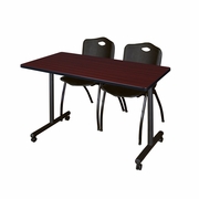 48 X 24 IN. MOBILE T-BASE TRAINING TABLE- MAHOGANY, 2 M STACK CHAIRS- BLACK <FONT COLOR=GREEN>-FREE SHIPPING-</FONT>