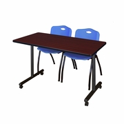 48 X 24 IN. MOBILE T-BASE TRAINING TABLE- MAHOGANY, 2 M STACK CHAIRS- BLUE <FONT COLOR=GREEN>-FREE SHIPPING-</FONT>