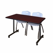 48 X 24 IN. MOBILE T-BASE TRAINING TABLE- MAHOGANY, 2 M STACK CHAIRS- GREY <FONT COLOR=GREEN>-FREE SHIPPING-</FONT>