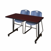 48 X 24 IN. MOBILE T-BASE TRAINING TABLE- MAHOGANY, 2 STACK CHAIRS- BLUE <FONT COLOR=GREEN>-FREE SHIPPING-</FONT>