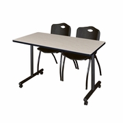 48 X 24 IN. MOBILE T-BASE TRAINING TABLE- MAPLE, 2 M STACK CHAIRS- BLACK <FONT COLOR=GREEN>-FREE SHIPPING-</FONT>