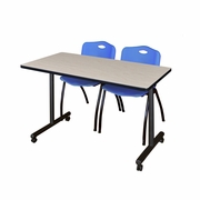 48 X 24 IN. MOBILE T-BASE TRAINING TABLE- MAPLE, 2 M STACK CHAIRS- BLUE <FONT COLOR=GREEN>-FREE SHIPPING-</FONT>