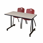 48 X 24 IN. MOBILE T-BASE TRAINING TABLE- MAPLE, 2 M STACK CHAIRS- BURGUNDY <FONT COLOR=GREEN>-FREE SHIPPING-</FONT>