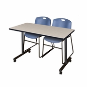 48 X 24 IN. MOBILE T-BASE TRAINING TABLE- MAPLE, 2 STACK CHAIRS- BLUE <FONT COLOR=GREEN>-FREE SHIPPING-</FONT>