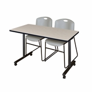 48 X 24 IN. MOBILE T-BASE TRAINING TABLE- MAPLE, 2 STACK CHAIRS- GREY <FONT COLOR=GREEN>-FREE SHIPPING-</FONT>