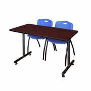 48 X 24 IN. T-BASE TRAINING SEMINAR TABLE- MAHOGANY, 2 M STACK CHAIRS- BLUE <FONT COLOR=GREEN>-FREE SHIPPING-</FONT>