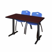 48 X 24 IN. T-BASE TRAINING SEMINAR TABLE- MAHOGANY & 2 M STACK CHAIRS- BLUE <FONT COLOR=GREEN>-FREE SHIPPING-</FONT>