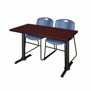 48 X 24 IN. T-BASE TRAINING SEMINAR TABLE- MAHOGANY & 2 STACK CHAIRS- BLUE <FONT COLOR=GREEN>-FREE SHIPPING-</FONT>