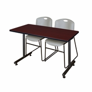 48 X 24 IN. T-BASE TRAINING SEMINAR TABLE- MAHOGANY, 2 STACK CHAIRS- GREY <FONT COLOR=GREEN>-FREE SHIPPING-</FONT>