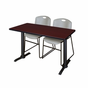 48 X 24 IN. T-BASE TRAINING SEMINAR TABLE- MAHOGANY & 2 STACK CHAIRS- GREY <FONT COLOR=GREEN>-FREE SHIPPING-</FONT>