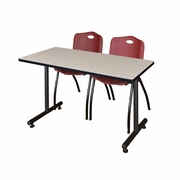 48 X 24 IN. T-BASE TRAINING SEMINAR TABLE- MAPLE, 2 M STACK CHAIRS- BURGUNDY <FONT COLOR=GREEN>-FREE SHIPPING-</FONT>