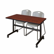 48 X 30 IN. FLIP-TOP TRAINING NESTING TABLE- CHERRY, 2 STACK CHAIRS- GREY <FONT COLOR=GREEN>-FREE SHIPPING-</FONT>