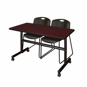 48 X 30 IN. FLIP-TOP TRAINING NESTING TABLE- MAHOGANY, 2 STACK CHAIRS- BLACK <FONT COLOR=GREEN>-FREE SHIPPING-</FONT>
